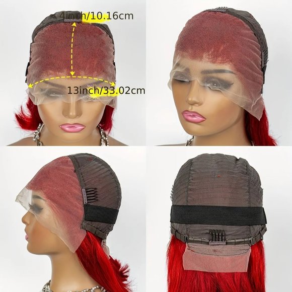 200% Density Bright Red 13×4 Lace Frontal Brazilian Remy Human Hair Bob Wig - Picture 2 of 8